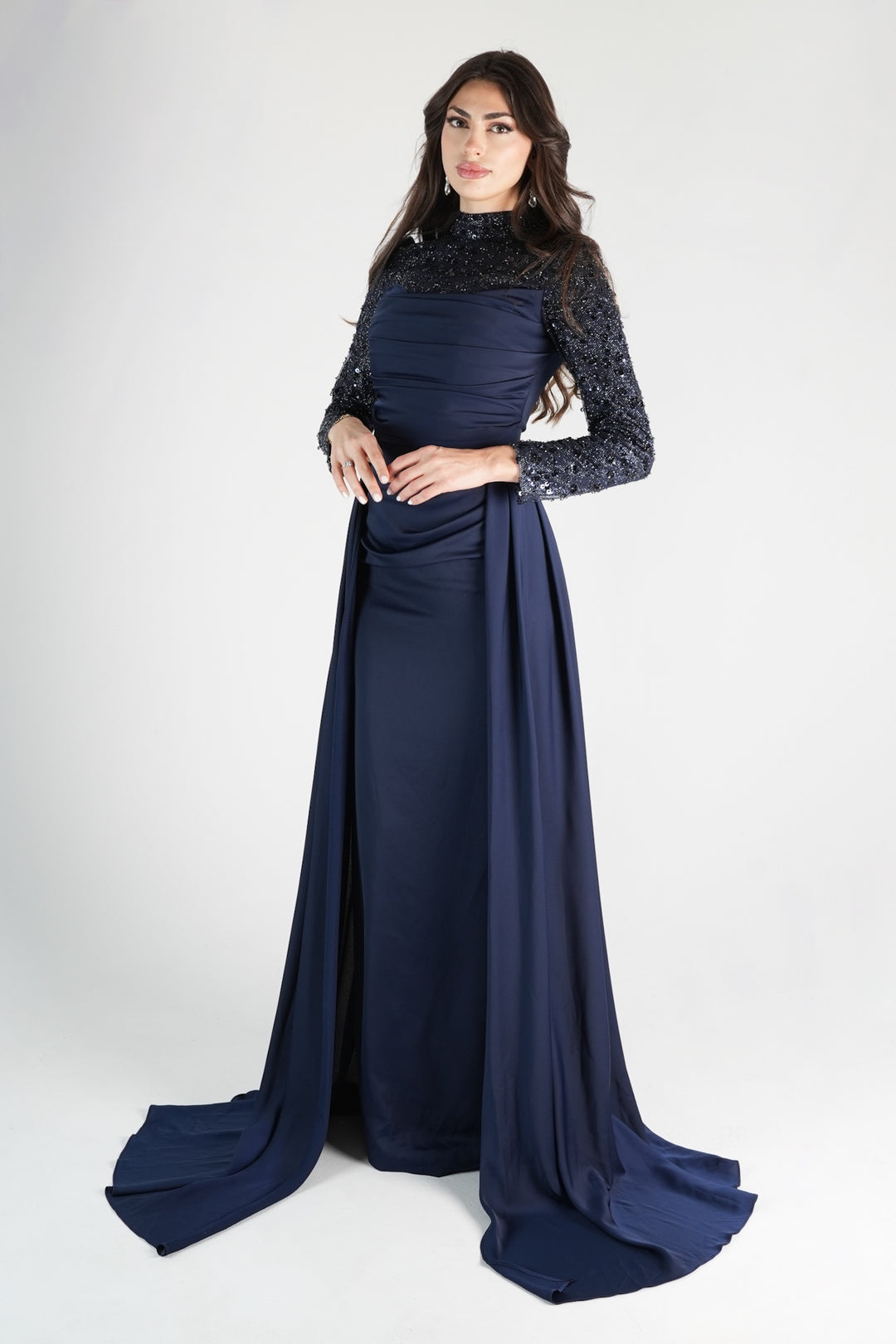 sachin and babi light blue dress Selin evening dress with sequined sleeves and train